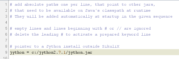 Sikuli IDE's extensions.txt with the Jython path uncommented